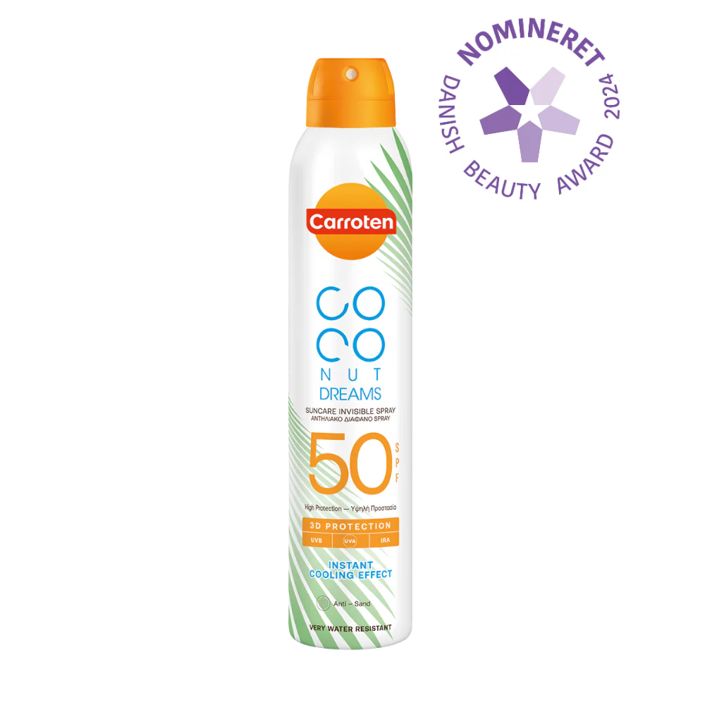 🌴 Carroten Dry Mist SPF 50 Coconut Dreams – Den ultimative solbeskyttelse med en eksotisk duft! 🌴