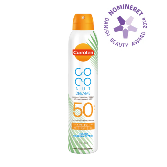 🌴 Carroten Dry Mist SPF 50 Coconut Dreams – Den ultimative solbeskyttelse med en eksotisk duft! 🌴